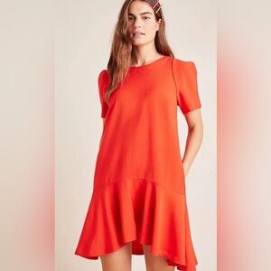 Anthropologie Maeve Rousseau Flounced Mini Bold Orange Red Mini Dress